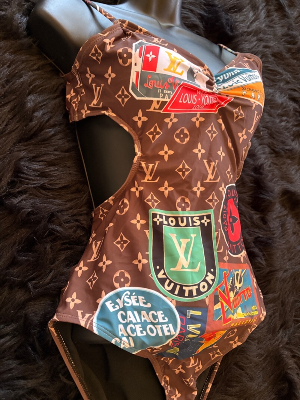 Louis Vuitton Brown Monogram One-Piece Swimsuit with Multicolor Travel Patches - Picture 9 of 11